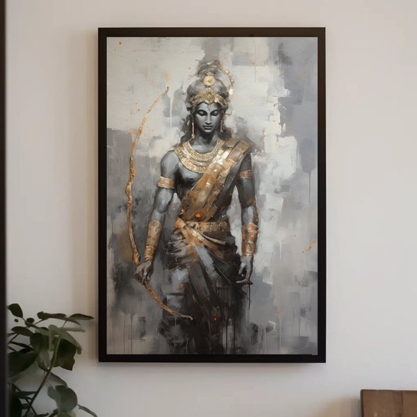 Lord Rama mit Pfeil und Bogen Malerei auf großer Leinwand oder Poster, Hindu Wandkunst, indische Dekoration, indische Malerei, Desi Wandkunst