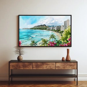 Waikiki Beach Wall Art, Panoramic Canvas Print, Hawaii Landscape Wall Art, Framed Travel Poster, Hawaiian Art, Office Decor, Ready To Hang
