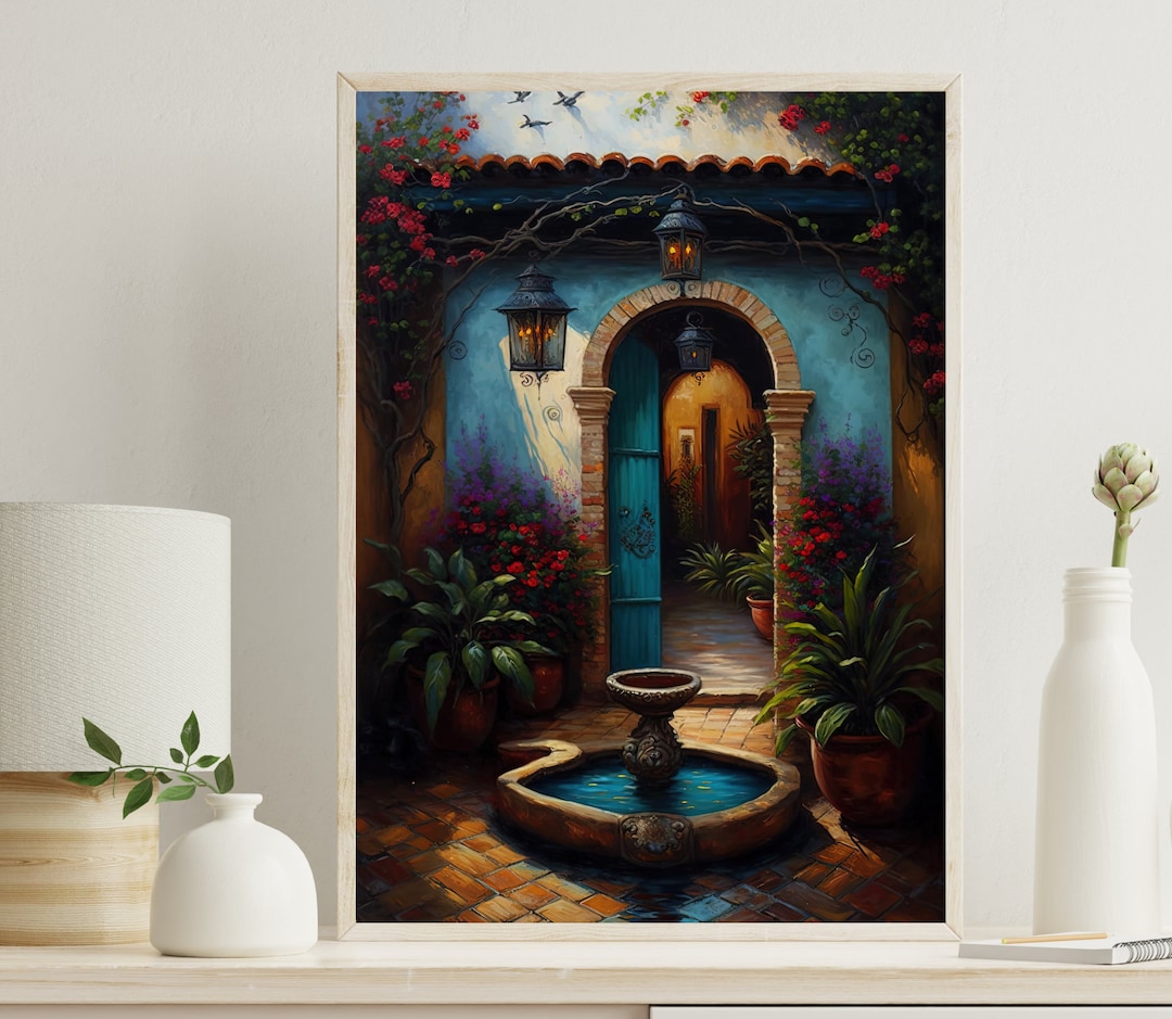 Mexican Garden Art Vertical, Mexican Courtyard Art, Wall Art Decor