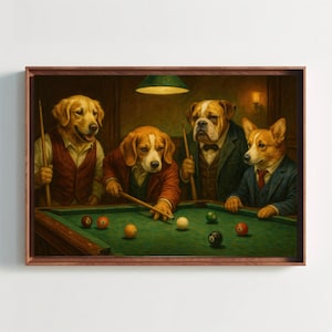 Dogs Playing Pool Canvas Print: Funny Animal Art for Game Room