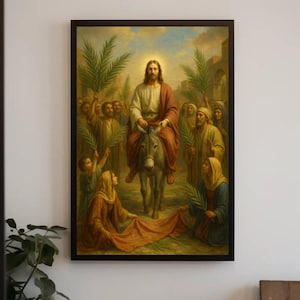 Może przedstawiać: Oprawiony wydruk ścienny przedstawiający postać z długimi włosami i brodą w czerwonej szacie, jadącą na szarym ośle. Postać otoczona jest tłumem ludzi trzymających zielone liście palmowe, a niektórzy z nich klęczą na ziemi.