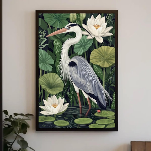 Canvasprint van een reiger en een lotusbloem - Ingelijste wanddecoratie met natuurthema