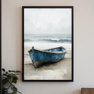 Weathered Blue Boat Canvas Print, Nautical Beach Wall Art, Coastal Ocean Scene for Living Room or Beach House Decor