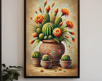 Mexican Cactus Canvas Print, Floral Desert Landscape, Cultural Home Decor