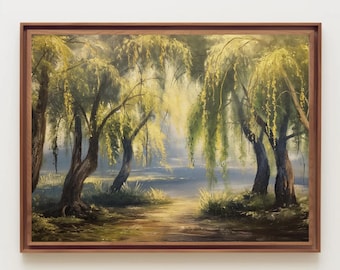 Willow Tree Oil Painting Print, Walnut Framed Canvas, Nature Wall Art