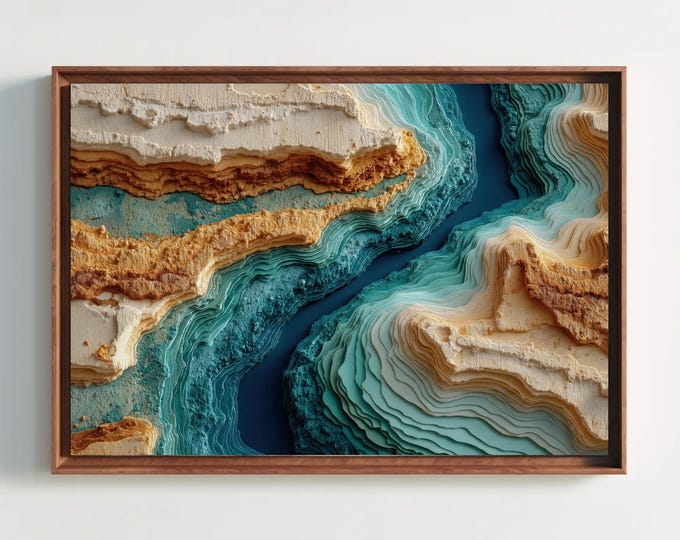 Abstract Topographic River Canyon Art Print, Coastal Teal Blue Beige