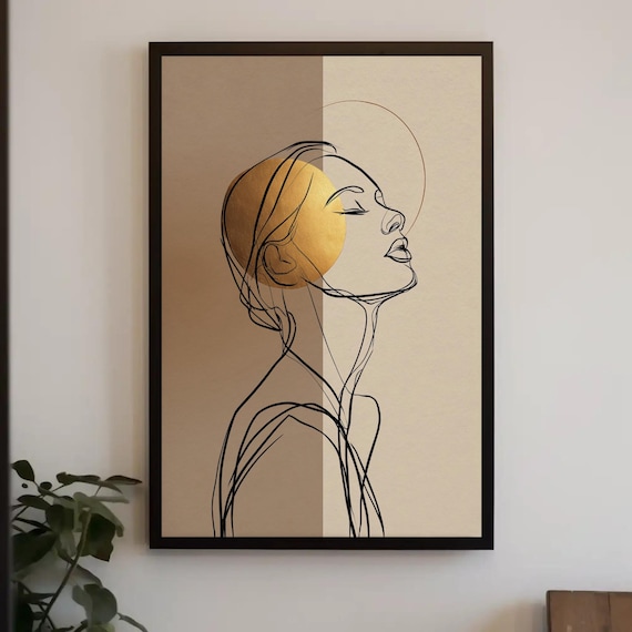Modern Woman With Golden Halo Abstract Line Art Canvas Print