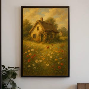 Cottagecore Garden House Canvas Print, Rustic Flower Meadow Wall Art for Farmhouse Kitchen or Living Room, Country Cottage Print