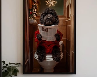 Funny Christmas Doodle Dog Canvas Print, Holiday Bathroom Art