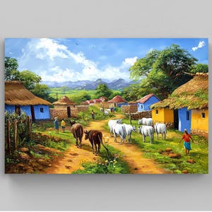 Indian Village Scenery Oil Painting Canvas Print, Traditional Indian Home Decor, India Landscape Art, Rustic Indian Wall Art, Ready to Hang