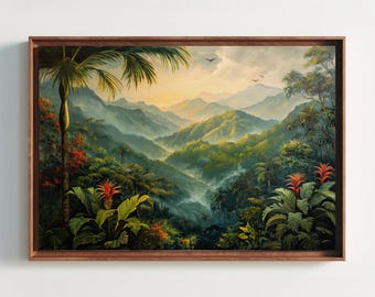 Misty Rainforest Sunrise Canvas Print, Tropical Jungle Wall Art