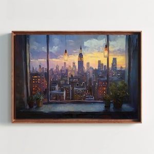 New York Skyline from the Window at Dusk Canvas Print | Modern NYC Wall Art | Cityscape Window View Decor | Urban Home Decor | Ready to Hang