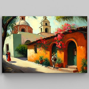 Mexican Village Landscape Painting, Vibrant Artwork for Home Decor, Colorful Wall Art for Living Room, Ethnic Art Prints, Mexican Art