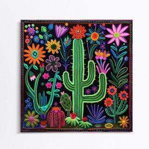 a painting of a cactus surrounded by flowers