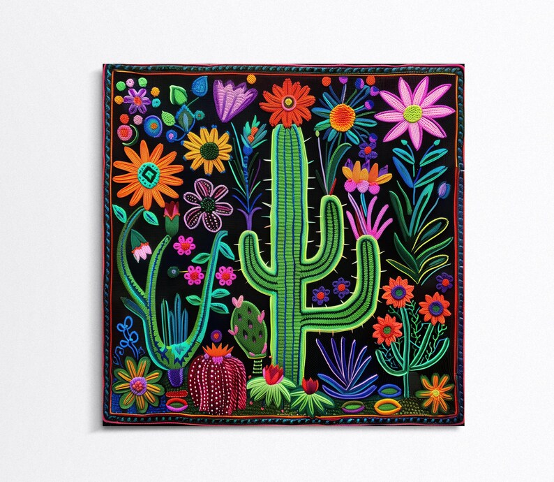 a painting of a cactus surrounded by flowers