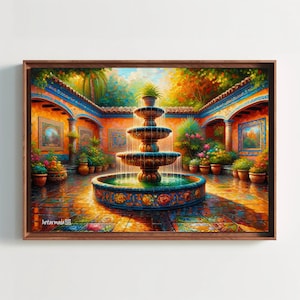 Sun-Kissed Mexican Courtyard Garden Canvas Print, Traditional Mexican Art, Gift for Her, Mexico Framed Poster, Mexican Living Room Painting