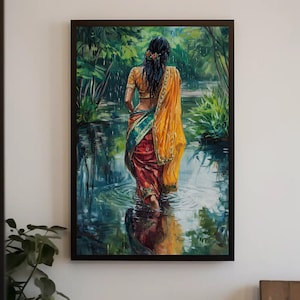 Indian Women in Sarees Walking in Rain Canvas Print | Vibrant Traditional Oil Painting | Cultural Indian Wall Art for Living Room or Bedroom