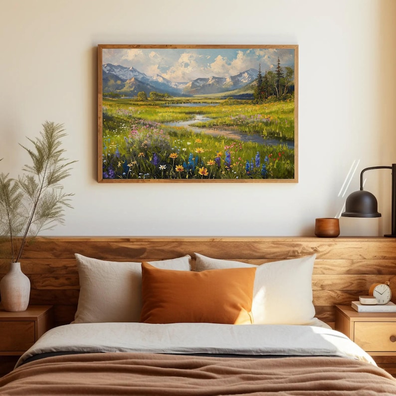 Vintage Meadow Landscape Canvas Print, Mountain River Art imagen 8