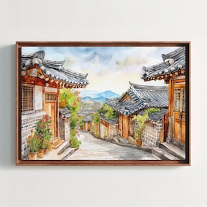 Korean Street Art Watercolor Painting Canvas Print, Framed Wall Decor, Beautiful Korean Art, Ready to Hang, Perfect for Living Room