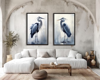 Blue Heron Canvas Print Set, Framed Coastal Wall Art