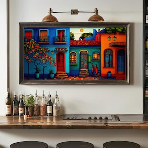 Mexican Panoramic Street Canvas Print, Vibrant Cultural Wall Art, Colorful Mexico Landscape Painting for Living Room or Dining Room Decor