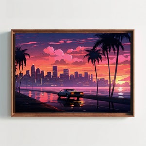 Miami Metropolis Print | Miami Vice Style Poster and Framed Canvas | Classic Gift for Man Cave and Game Room | Retro Miami Cityscape