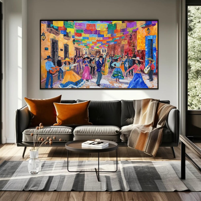 Mexican Street Fiesta Canvas Painting, Cultural Wall Art, Framed Print image 3