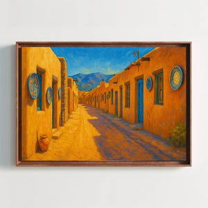 Santa Fe Adobe Street Canvas Print – Southwestern Desert Landscape Wall Art – Earth Tone Pueblo Village Painting for Home Decor