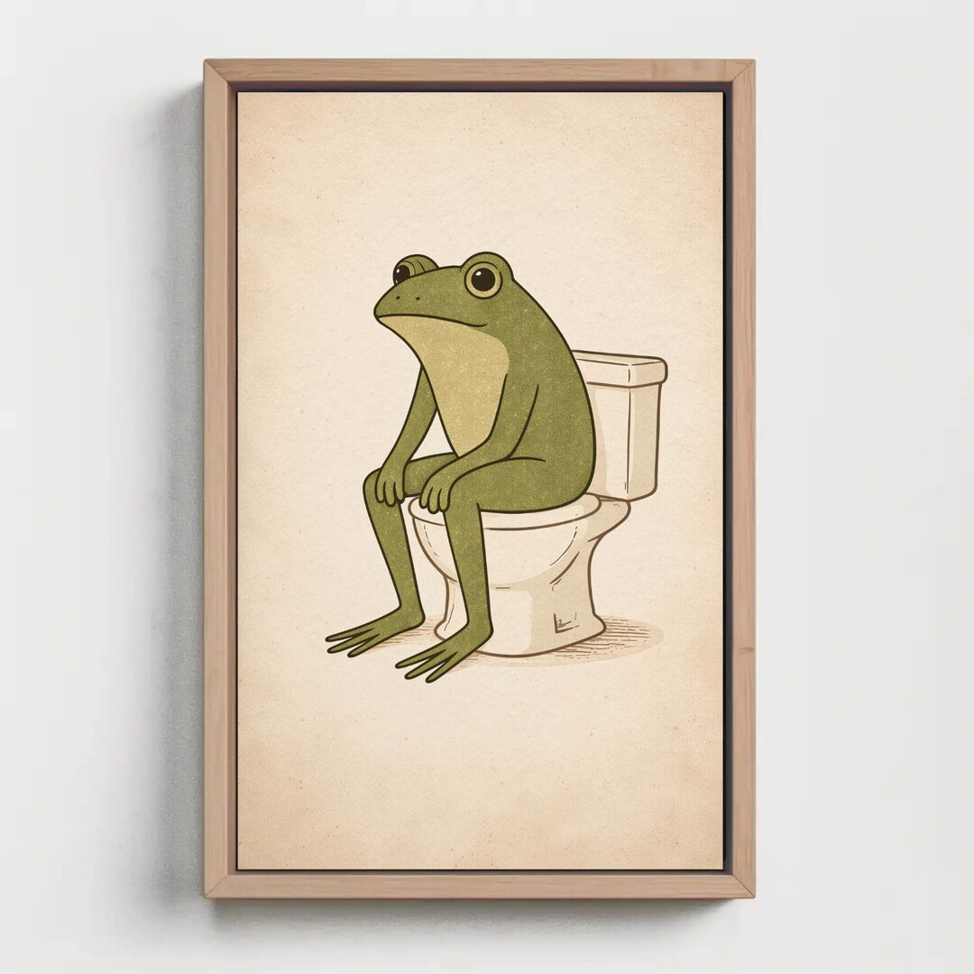 Frog on Toilet Canvas Wall Art | Funny Bathroom Animal Print Vintage ...