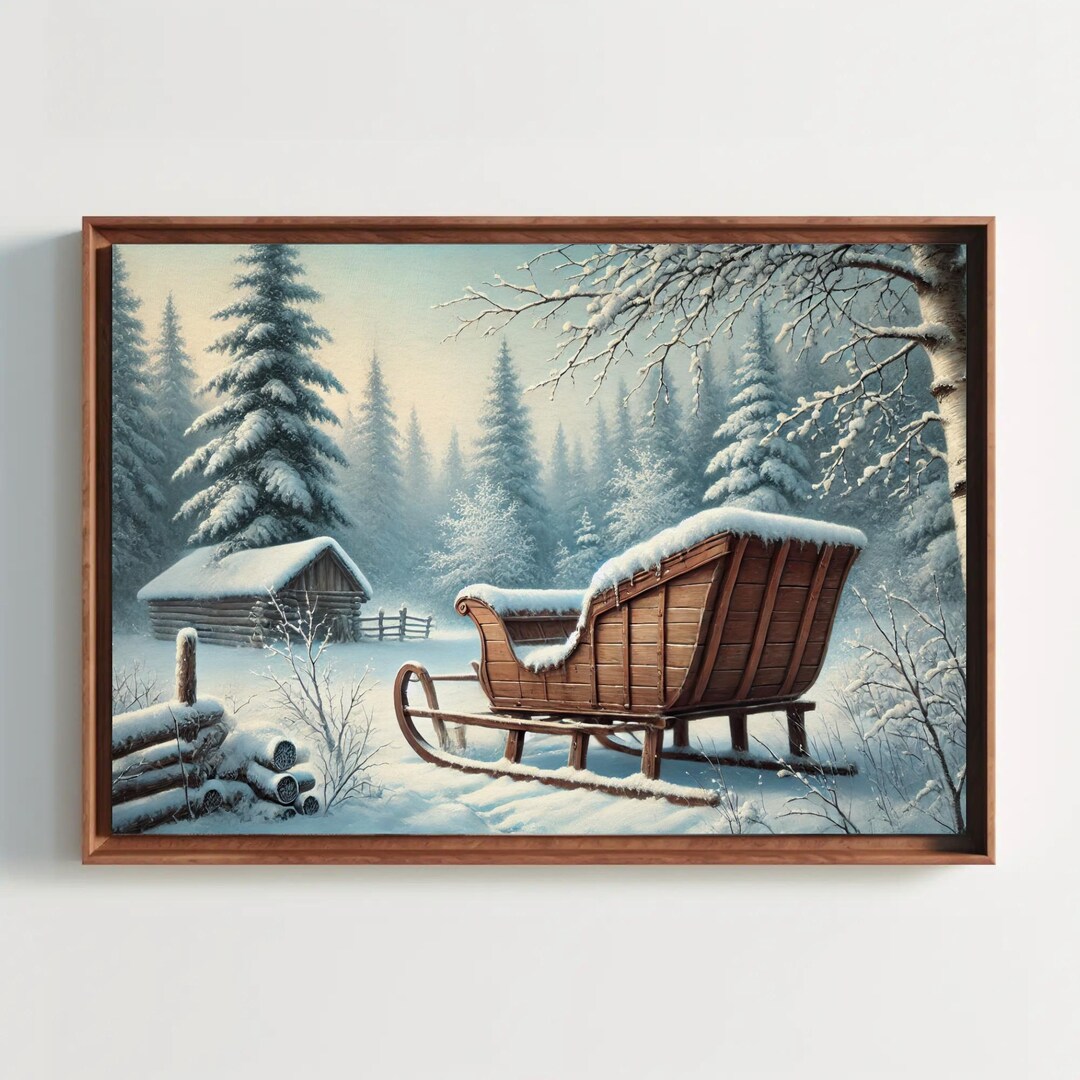 Vintage Snowy Sleigh Canvas Print | Rustic Winter Cabin, Framed Holiday ...