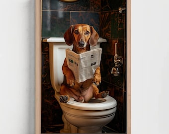 Dachshund Dog on Toilet Canvas Print | Funny Bathroom Art
