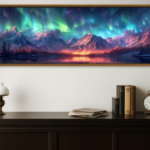 Panoramic Northern Lights Canvas Print, Mountain Cabin Lodge Decor