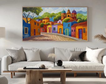 Mexican Village Oil Painting Canvas | Framed Cultural Wall Art