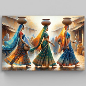 Indian Women Clay Pots Canvas Print, Indian Painting, Desi Art
