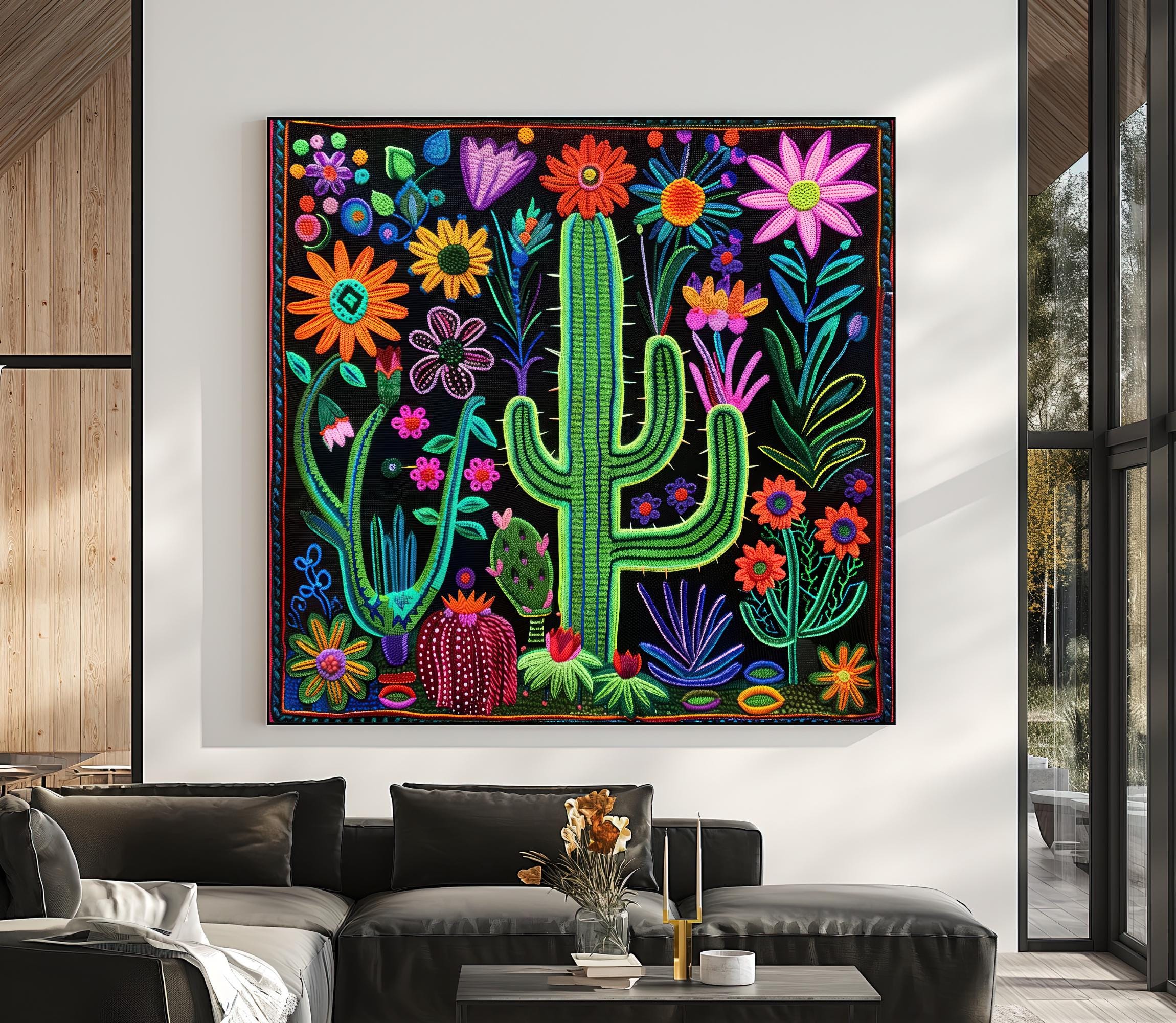 Huichol Cactus Flower Canvas Art | Mexican Yarn Painting Print