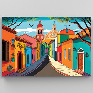 Mexican Village Painting, Mexican Art, Mexico Painting, Mexican Artwork, Mexican Wall Art, Colorful Mexican Art, Mexican Canvas Print