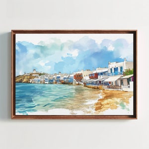 Mykonos Beach Watercolor Print Large Canvas Greek Wall Art Framed Poster for Greece Wall Decor Ready To Hang