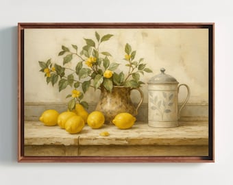 Lemon Still Life Wall Art, Rustic Country Kitchen Canvas Print, Vintage Yellow Fruit Decor