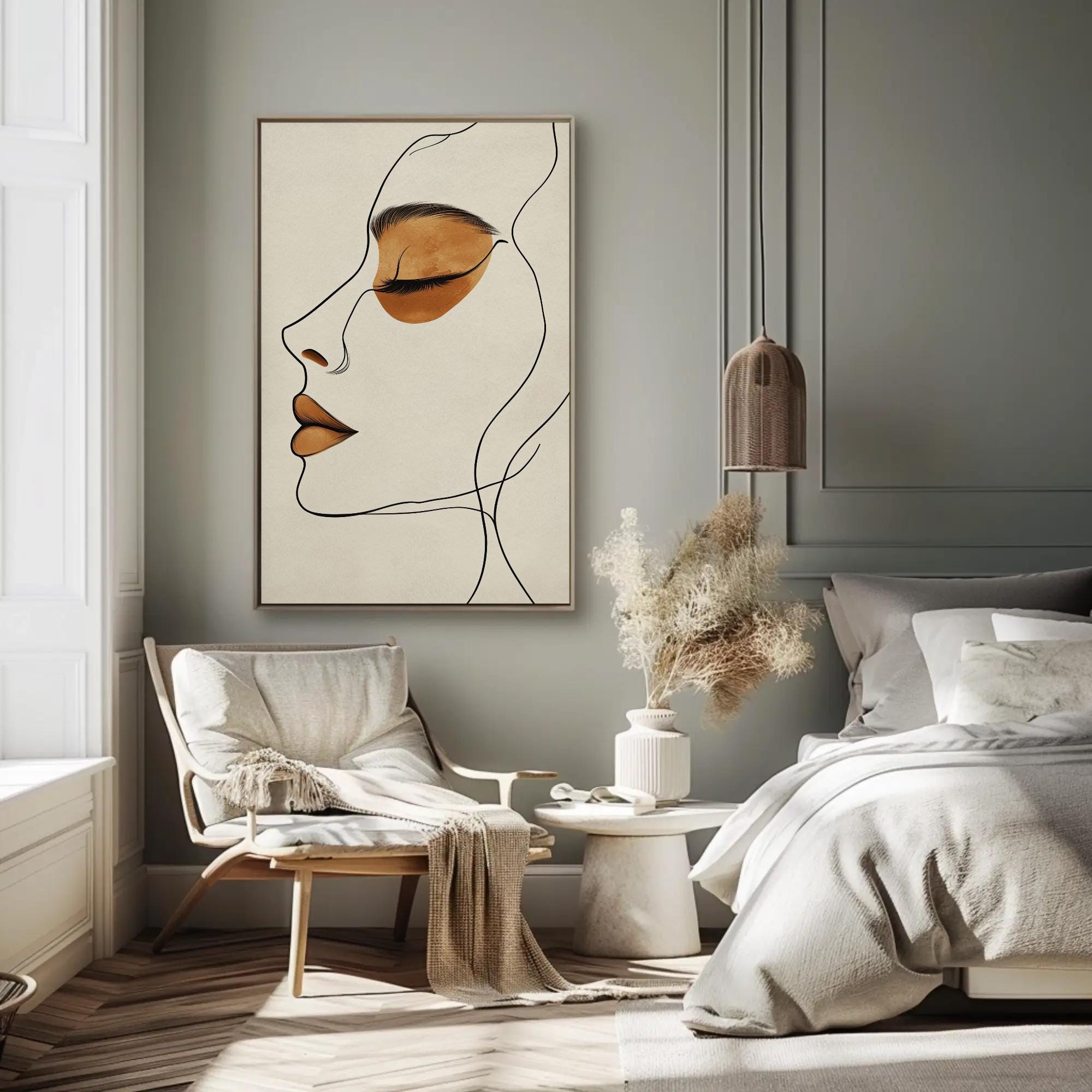 Minimalist Woman Face Line Art Canvas Print, Boho Japandi Wall Decor - Etsy