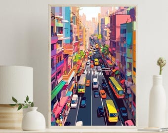 May include: A vertical art print depicting a vibrant, stylized city street scene from a high-angle perspective. The composition features colorful buildings in shades of pink, blue, and orange lining a busy road filled with yellow buses and cars.