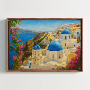 Santorini Blue Dome Canvas Print – Greece Landscape Painting with White Buildings and Ocean View for Travel Wall Decor