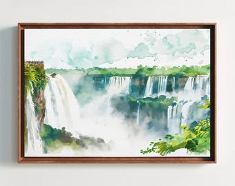 Iguazu Falls Watercolor Canvas Print, Argentina Brazil Wall Art, Framed