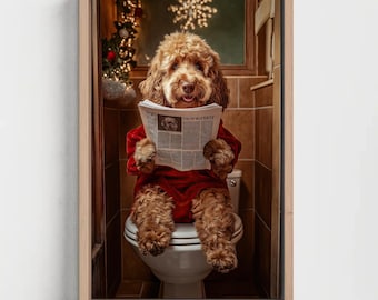 Funny Christmas Goldendoodle Bathroom Canvas Print, Dog Newspaper Art