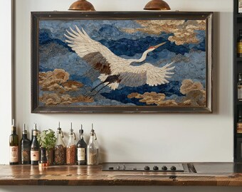 Flying Crane Canvas Print for Dining Room | Luxury Bird Wall Art Decor