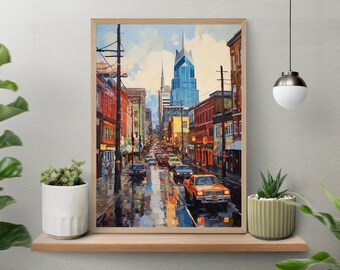Nashville Cityscape Canvas Print, Urban Oil Painting Style, Wall