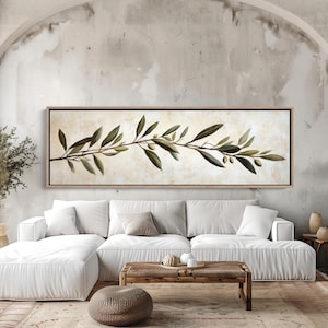 Muted Olive Branch Botanical Art Print – Extra Large Long Horizontal Neutral Canvas For Minimalist Kitchen, Dining Room Or Rustic Wall Decor