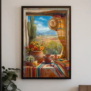 Mexican Village Window Canvas Painting - Mexico Art - Vibrant Mexican Wall Decor - Framed Mexican Artwork for Home and Office, Ready to Hang