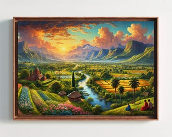 May include: A framed landscape painting depicting a lush valley at sunset with a winding river, terraced fields, palm trees, and distant mountains. Small huts and a temple structure are visible, with three figures sitting on a grassy hill.