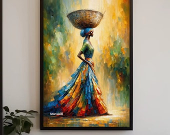 African Woman Carrying a Basket Oil Painting Canvas Print, Framed Canvas Black Art, African American Wall Decor, Black Woman Art Poster