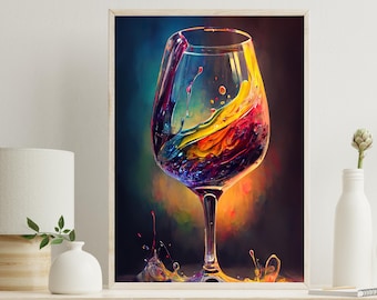 May include: A framed wall art print featuring a clear wine glass filled with swirling, vibrant liquid in shades of yellow, purple, blue, and red. The liquid appears to be splashing and flowing dynamically within the glass and at the base.